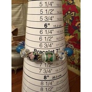 Lamp Work Artisan Art Glass Bead Bracelet, Floral Designs, Blue, Stretch 7”